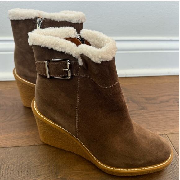 Franco Sarto Ulayna Suede Faux Fur Wedge Ankle Bootie Brown Women's Sz 8.5 NEW - Picture 1 of 7